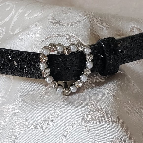 Black Sparkly Belt with Pearl and Rhinestones Heart Buckle - Picture 7 of 7